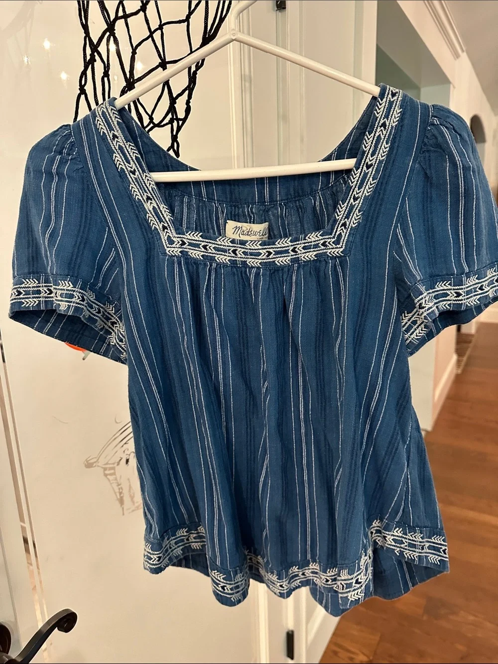 Madewell Indigo Blue Striped Square-Neck Peasant Top